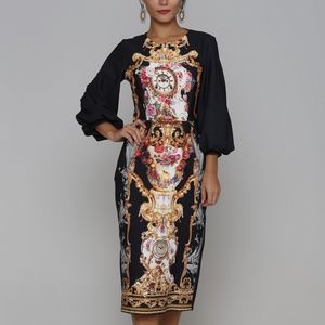 Navy Designer Print style 3/4 Sleeve Midi Dress